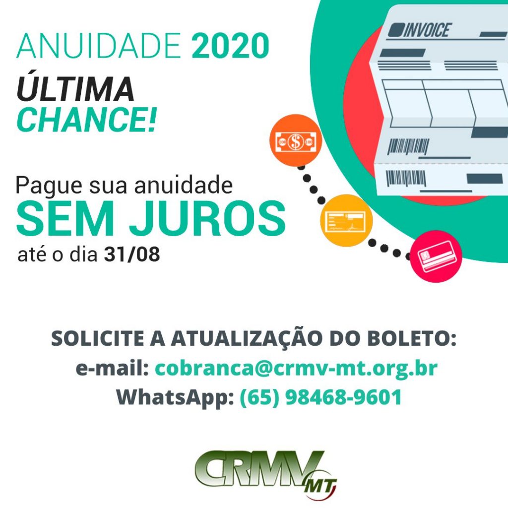 podem solicitar o reenvio do boleto peloe-mail cobranca@crmv-mt.org.br ou pelo telefone_ (65) 98468-9601.